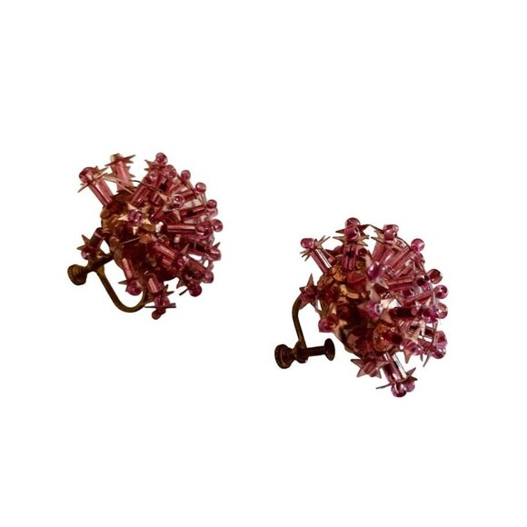 Vintage Screw Back Earrings Sequin and Bead Pink and Gold Cork 1" - Picture 3 of 10